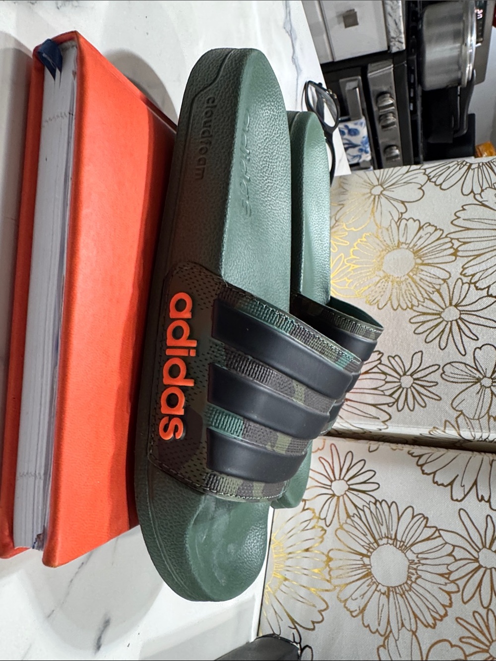 adidas Green and Black Slide Sandals with Orange Logo cloud foam